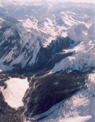 Aerial view of the Ski Terrain sout of Vertebrae Lodge